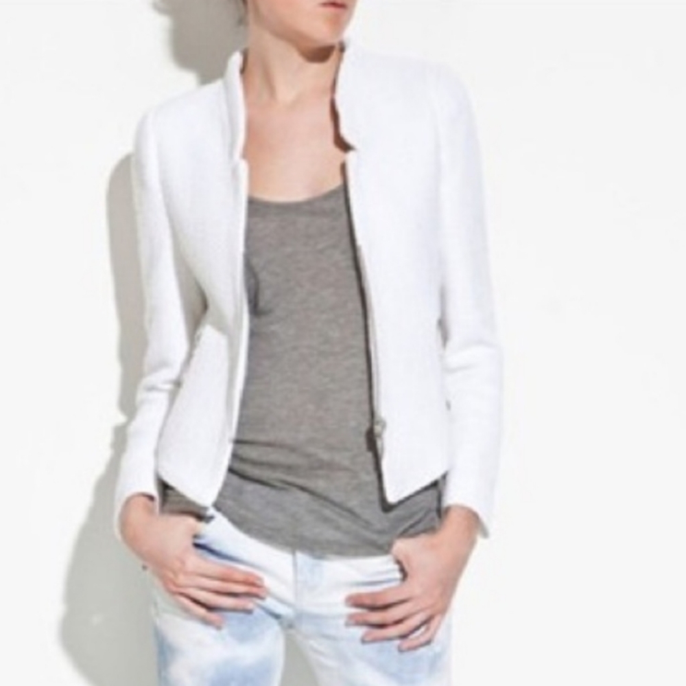 ZARA TRAFALUC TWEED WHITE ZIPPER BLAZER